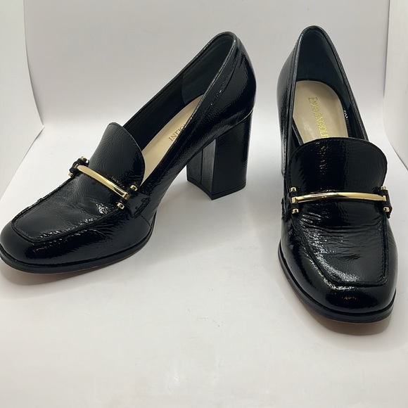 Enzo Anglioni black patent leather block heel loafer pumps gold hardware 7.5 - Picture 3 of 7